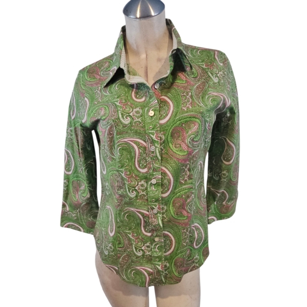 Talbots Size 8P Green Pink Button Down Shirt Wrinkle Resistant Paisley Print